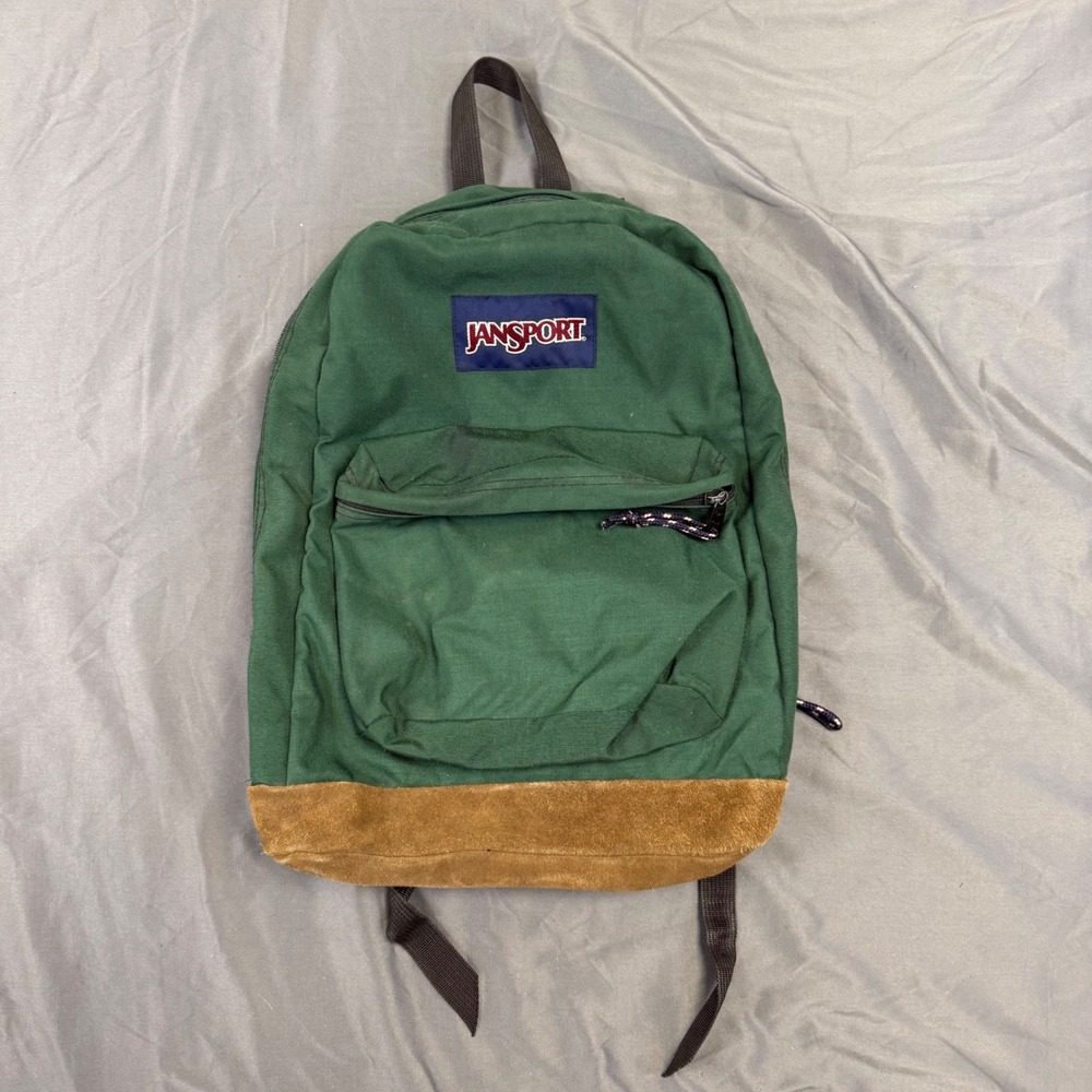 Vintage JanSport Backpack Green Canvas Brown Suede Leather Bottom School Bag